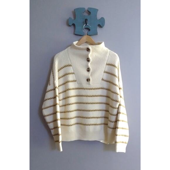 Madewell Canby Button Mock Neck Pullover Fall Sweater in Stripe Size XL - Picture 1 of 15